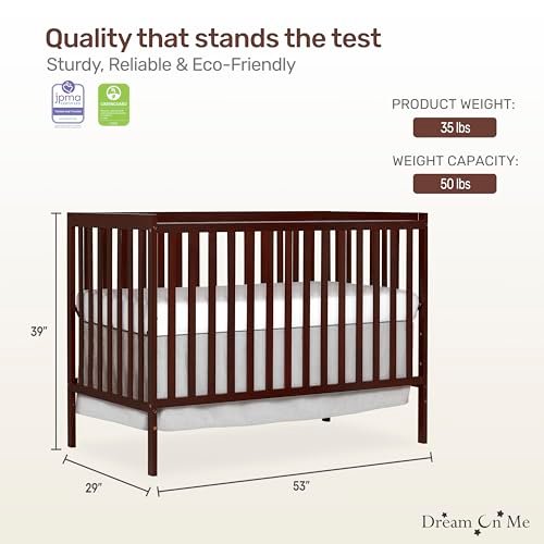 Dream On Me Synergy 5-In-1 Convertible Crib In Espresso, JPMA & Greenguard Gold Certified, Constructed out of solid New Zealand Pine wood, Features 3 mattress height settings