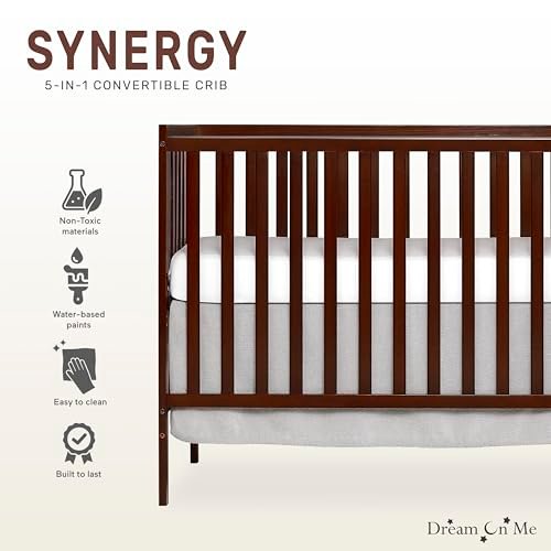 Dream On Me Synergy 5-In-1 Convertible Crib In Espresso, JPMA & Greenguard Gold Certified, Constructed out of solid New Zealand Pine wood, Features 3 mattress height settings