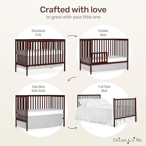 Dream On Me Synergy 5-In-1 Convertible Crib In Espresso, JPMA & Greenguard Gold Certified, Constructed out of solid New Zealand Pine wood, Features 3 mattress height settings