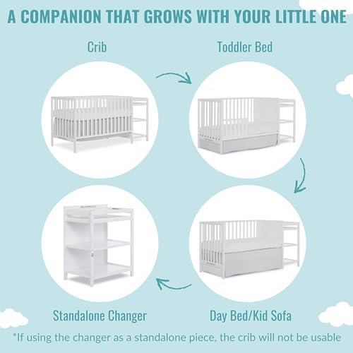 Dream On Me Synergy Convertible Crib and Changer in White with Detachable Changing Table, JPMA Certified, 1” Changing pad