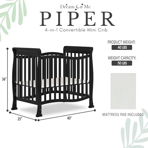 Dream On Me Violet 4-In-1 Convertible Mini Crib In Black, Greenguard Gold Certified, JPMA Certified, 3 Position Mattress Height Settings, Non-Toxic Finish