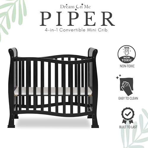 Dream On Me Violet 4-In-1 Convertible Mini Crib In Black, Greenguard Gold Certified, JPMA Certified, 3 Position Mattress Height Settings, Non-Toxic Finish
