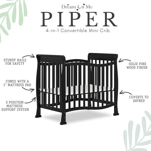 Dream On Me Violet 4-In-1 Convertible Mini Crib In Black, Greenguard Gold Certified, JPMA Certified, 3 Position Mattress Height Settings, Non-Toxic Finish