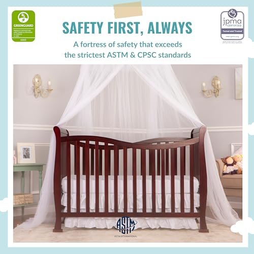 Dream On Me Violet 7-In-1 Convertible Life Style Crib In Cherry, Greenguard Gold Certified, 4 Mattress Height Settings, Made Of Sustainable New Zealand Pinewood