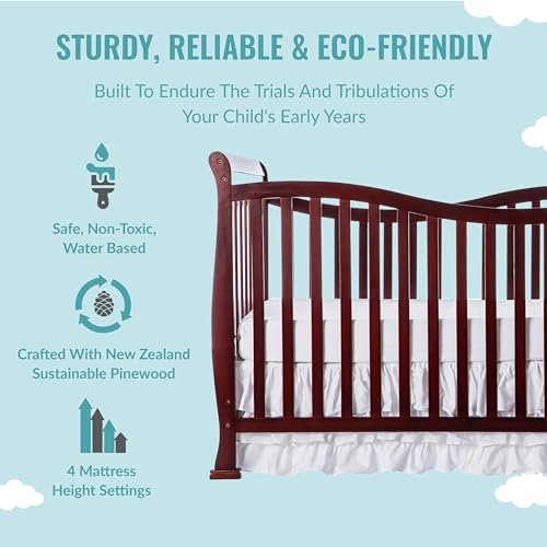 Dream On Me Violet 7-In-1 Convertible Life Style Crib In Cherry, Greenguard Gold Certified, 4 Mattress Height Settings, Made Of Sustainable New Zealand Pinewood