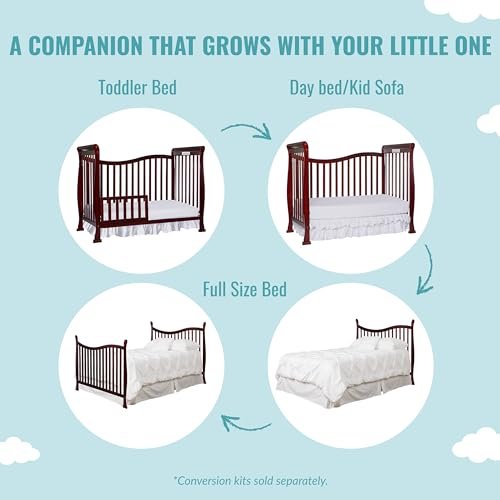 Dream On Me Violet 7-In-1 Convertible Life Style Crib In Cherry, Greenguard Gold Certified, 4 Mattress Height Settings, Made Of Sustainable New Zealand Pinewood