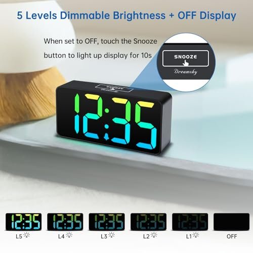 DreamSky Small Digital Alarm Clocks for Bedrooms - RGB Electric Alarm Clock for Kids Bedside Nightstand, Desk Clock with Large Numbers, Dimmer, Adjustable Alarm Volume, USB Port, USB-C Adapter Powered