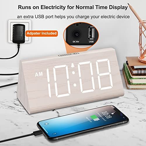 DreamSky Wooden Digital Alarm Clock for Bedroom - Living Room Desk Clock with Large Numbers, Bedside Nightstand Clock with USB Port, Adjustable Volume, Dimmer, DST, Office Wood Décor, Adapter Powered