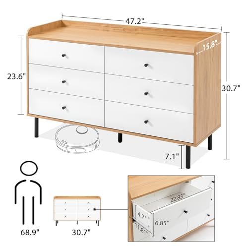 Dresser for Bedroom with 6 Drawers and Metal Handle,Sturdy Frame Modern Bedroom Furniture, Chest of Drawers, White Dressers with Drawers for Closet Hallway, Living Room, Entryway