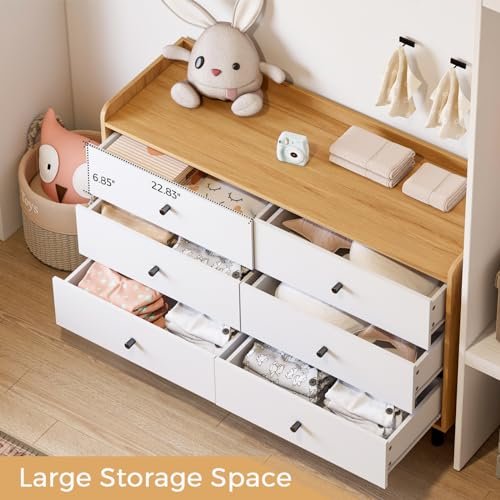 Dresser for Bedroom with 6 Drawers and Metal Handle,Sturdy Frame Modern Bedroom Furniture, Chest of Drawers, White Dressers with Drawers for Closet Hallway, Living Room, Entryway