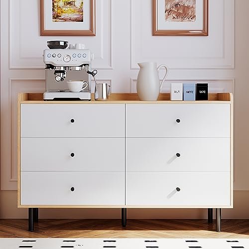 Dresser for Bedroom with 6 Drawers and Metal Handle,Sturdy Frame Modern Bedroom Furniture, Chest of Drawers, White Dressers with Drawers for Closet Hallway, Living Room, Entryway