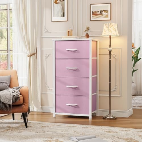 DWVO Storage Drawer with 4 Drawers - Fabric Dressers for Kids, Dresser for Bedroom, Living Room, Closets - Sturdy Steel Frame, Wooden Top & Easy Pull Fabric Bins
