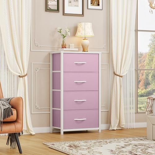 DWVO Storage Drawer with 4 Drawers - Fabric Dressers for Kids, Dresser for Bedroom, Living Room, Closets - Sturdy Steel Frame, Wooden Top & Easy Pull Fabric Bins
