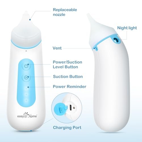Easy@Home Nasal Aspirator for Baby: USB Rechargeable Electric Nose Suction, Gentle Effective Nose Sucker with 3 Levels of Adjustable Suction LED Night Light ENA102