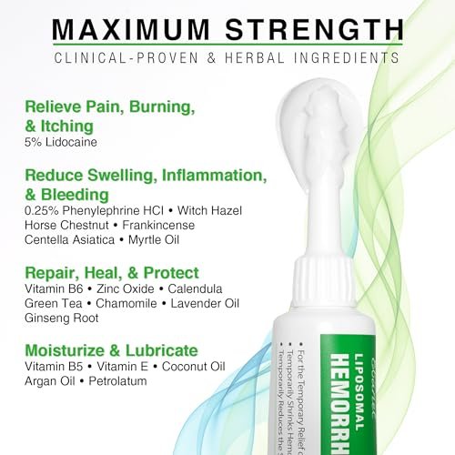 Ebanel 5% Lidocaine Hemorrhoid Treatment Cream with Witch Hazel, Phenylephrine, Horse Chestnut, Vitamin B6, Zinc Oxide, External and Internal Hemorrhoids Treatment Burn Itch Pain Relief Anal Cream