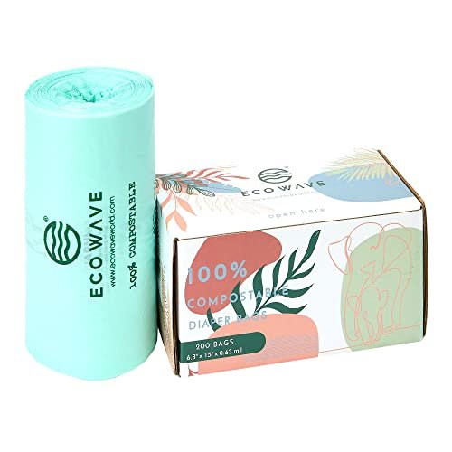 ECO WAVE Compostable Diaper Bags, 200 bags, ASTM D6400, EN 13432, US BPI and Europe OK Compost Home Certified Disposable Biodegradable Baby Poop Bags