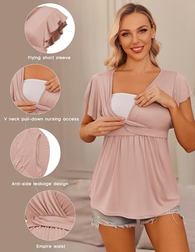 Ekouaer Maternity Shirts 3 Packs Flying Short Sleeve Nursing Tops Pregnancy Clothes