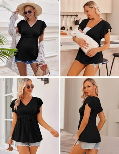 Ekouaer Maternity Shirts 3 Packs Flying Short Sleeve Nursing Tops Pregnancy Clothes
