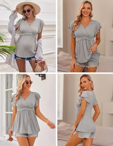 Ekouaer Maternity Shirts 3 Packs Flying Short Sleeve Nursing Tops Pregnancy Clothes
