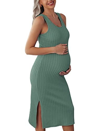 Ekouaer Women's Maternity Dress Rib Knit Sleeveless Tank Side Slit Bodycon Dresses Pregnancy Clothes S-XXL