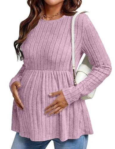 Ekouaer Womens Maternity Tops Long Sleeve Pregnancy Tunic Blouses Crew Neck Ribbed Shirts Pregnant Clothes