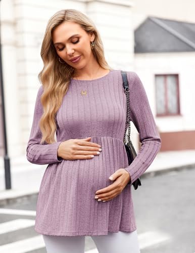 Ekouaer Womens Maternity Tops Long Sleeve Pregnancy Tunic Blouses Crew Neck Ribbed Shirts Pregnant Clothes