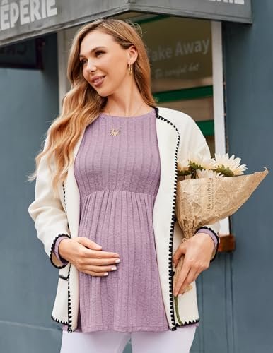 Ekouaer Womens Maternity Tops Long Sleeve Pregnancy Tunic Blouses Crew Neck Ribbed Shirts Pregnant Clothes