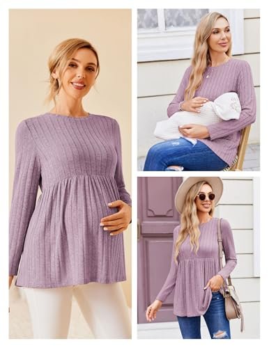 Ekouaer Womens Maternity Tops Long Sleeve Pregnancy Tunic Blouses Crew Neck Ribbed Shirts Pregnant Clothes