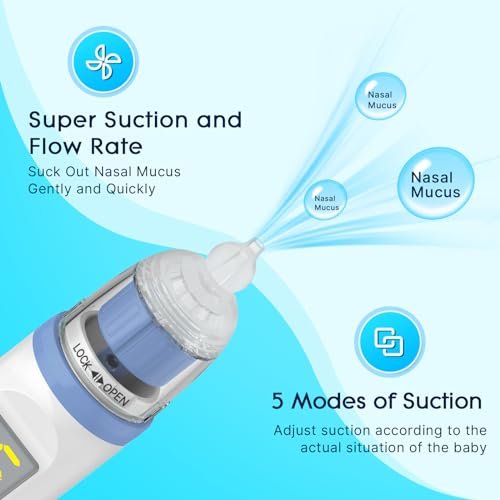 Electric Nasal Aspirator for Baby, Nose Aspirator for Toddlers, Rechargeable Baby Nose Sucker, Nose Cleaner with 3 Silicone Tips, 5 Suction Levels, Music and Light Soothing Function，Blue