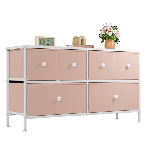 EnHomee Pink Dresser for Bedroom with 6 Drawers, Wide Dressers & Chests of Drawers, Storage Organizer Unit with Fabric Dresser, TV Stand for Bedroom, Closet, Hallway, Pink