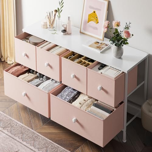 EnHomee Pink Dresser for Bedroom with 6 Drawers, Wide Dressers & Chests of Drawers, Storage Organizer Unit with Fabric Dresser, TV Stand for Bedroom, Closet, Hallway, Pink