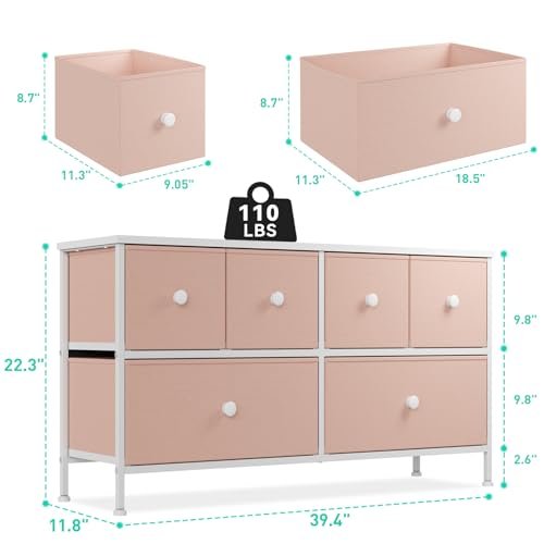 EnHomee Pink Dresser for Bedroom with 6 Drawers, Wide Dressers & Chests of Drawers, Storage Organizer Unit with Fabric Dresser, TV Stand for Bedroom, Closet, Hallway, Pink