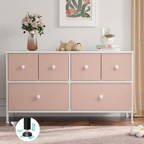 EnHomee Pink Dresser for Bedroom with 6 Drawers, Wide Dressers & Chests of Drawers, Storage Organizer Unit with Fabric Dresser, TV Stand for Bedroom, Closet, Hallway, Pink