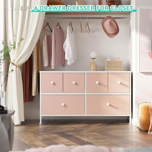 EnHomee Pink Dresser for Bedroom with 6 Drawers, Wide Dressers & Chests of Drawers, Storage Organizer Unit with Fabric Dresser, TV Stand for Bedroom, Closet, Hallway, Pink