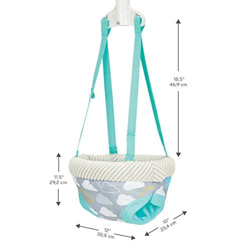 Evenflo Exersaucer Baby Hanging Clampable Doorway Jumper with 4 Removable Toys, Peek a Boo Flip -Book, and Mirror, Sweet Skies
