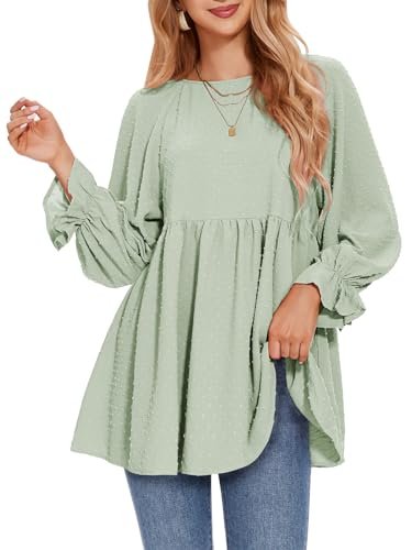 EXLURA Womens Long Sleeve Blouses Swiss Dot Babydoll 2025 Spring Summer Tunic Shirts Loose Maternity Top Dressy Casual Tops