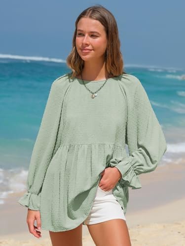 EXLURA Womens Long Sleeve Blouses Swiss Dot Babydoll 2025 Spring Summer Tunic Shirts Loose Maternity Top Dressy Casual Tops