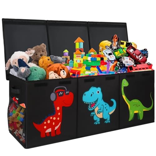 Extra Large Toy Box, Collapsible Sturdy Storage Organizer with Lids, Dinosaur Toybox for Boys Girls, 40"x16"x16" Kids Toy Chest Bin Baskets for Living Room, Playroom, Bedroom, Nursery, Black
