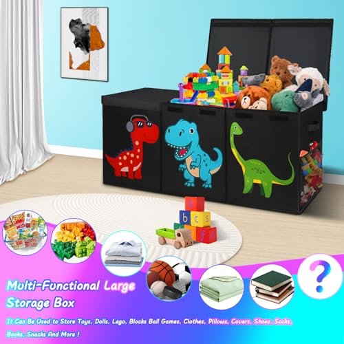 Extra Large Toy Box, Collapsible Sturdy Storage Organizer with Lids, Dinosaur Toybox for Boys Girls, 40"x16"x16" Kids Toy Chest Bin Baskets for Living Room, Playroom, Bedroom, Nursery, Black