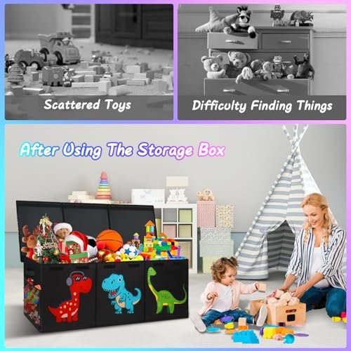Extra Large Toy Box, Collapsible Sturdy Storage Organizer with Lids, Dinosaur Toybox for Boys Girls, 40"x16"x16" Kids Toy Chest Bin Baskets for Living Room, Playroom, Bedroom, Nursery, Black