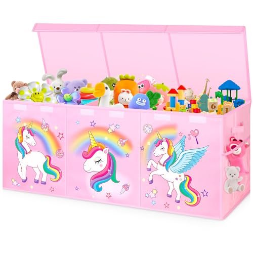 Extra Large Toy Chest, Collapsible Sturdy Toy Storage Organizer with Lids, 40"X14"X16" Large Kids Toybox Storage Bins Baskets for Girls, Boys, Nursery, Playroom, Pink