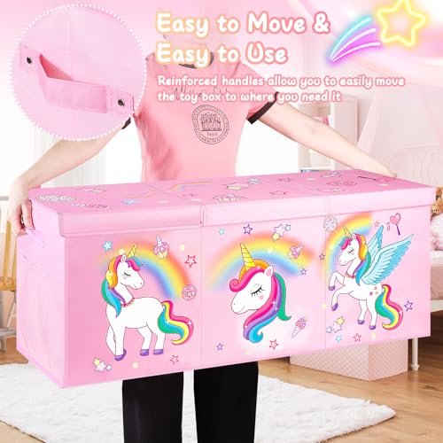 Extra Large Toy Chest, Collapsible Sturdy Toy Storage Organizer with Lids, 40"X14"X16" Large Kids Toybox Storage Bins Baskets for Girls, Boys, Nursery, Playroom, Pink