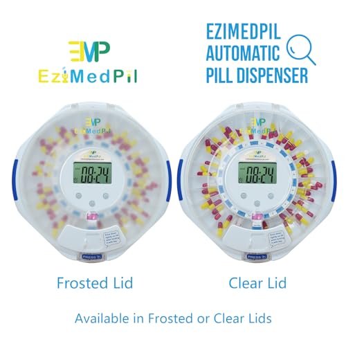 EziMedPil Automatic Pill Dispenser w/Audio & Visual Alerts, up to 6 Alarms/day, Easy-Read LCD Display, 6 Dosage Templates, Lock Medication Dispenser w/Key for Vitamins, Prescriptions & More, Clear Lid