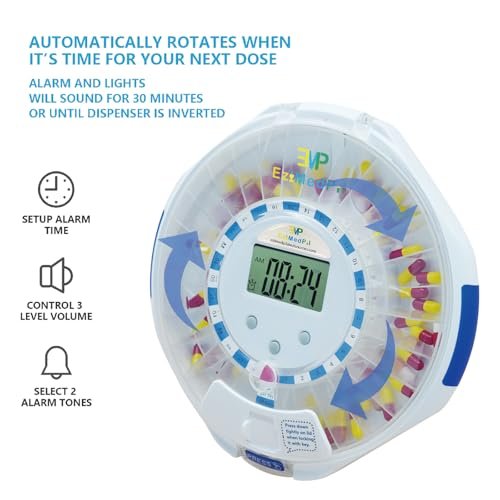 EziMedPil Automatic Pill Dispenser w/Audio & Visual Alerts, up to 6 Alarms/day, Easy-Read LCD Display, 6 Dosage Templates, Lock Medication Dispenser w/Key for Vitamins, Prescriptions & More, Clear Lid