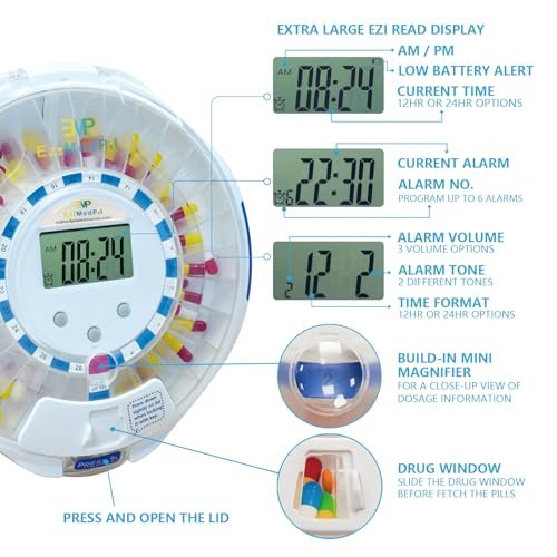 EziMedPil Automatic Pill Dispenser w/Audio & Visual Alerts, up to 6 Alarms/day, Easy-Read LCD Display, 6 Dosage Templates, Lock Medication Dispenser w/Key for Vitamins, Prescriptions & More, Clear Lid