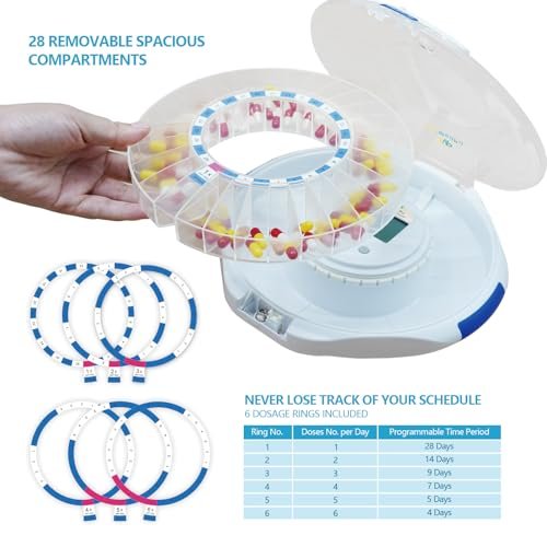 EziMedPil Automatic Pill Dispenser w/Audio & Visual Alerts, up to 6 Alarms/day, Easy-Read LCD Display, 6 Dosage Templates, Lock Medication Dispenser w/Key for Vitamins, Prescriptions & More, Clear Lid