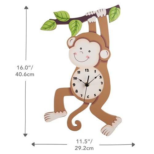 Fantasy Fields Sunny Safari Nursery Clock, Decorative Silent Non-Ticking Kids Wall Clock for Classrooms, Kids Bedrooms, & Playrooms, Monkey Wall Decor, Brown