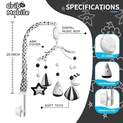 FEISIKE Baby Crib Mobile, Crib Toys Hanging with 35 Lullabies, 3 Modes Digital Musical Box（Turn Only, Music Only, Turn & Music Newborn Baby Toys Black/White for Boys and Grils