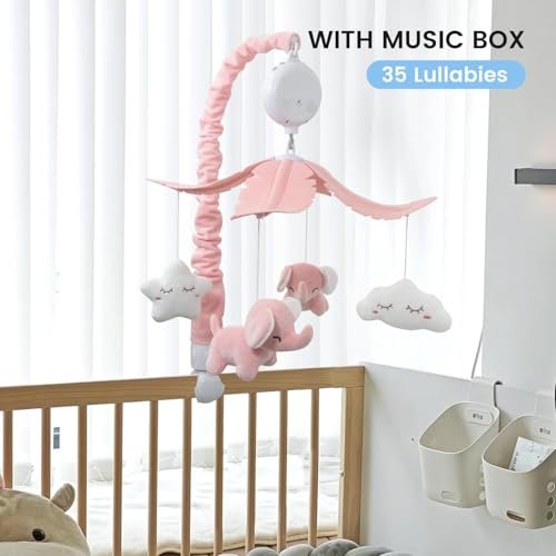 FEISIKE Crib Mobile for Girls Baby Mobiles with 3 Modes Digital Music Box（Turn Only, Music Only, Turn & Music, 35 Lullabies, Pink Elephant Nursery Mobile, Clamp Type, Pretty Box Packaging