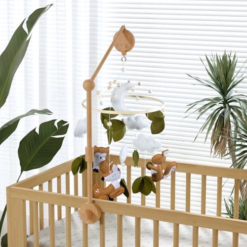 FEISIKE Woodland Animals Theme Bassinet Baby Nursery Mobiles with Modes Digital Music Box 3In1 Set-34 Inch Wooden Mobile Arm for Crib Mobile Hanger for Crib Baby Nursery Decor